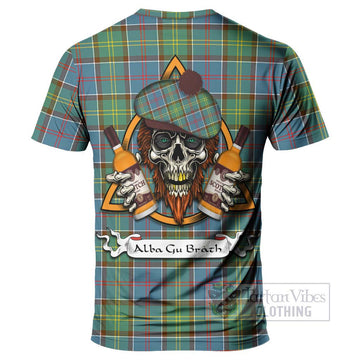 Colville Tartan T-Shirt with Family Crest and Bearded Skull Holding Bottles of Whiskey