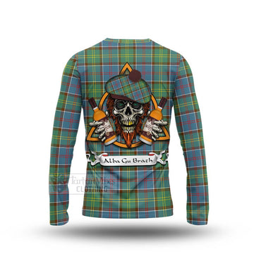 Colville Tartan Long Sleeve T-Shirt with Family Crest and Bearded Skull Holding Bottles of Whiskey