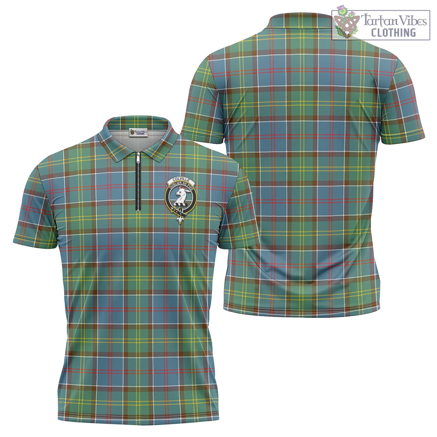 Tartan Vibes Clothing Colville Tartan Zipper Polo Shirt with Family Crest