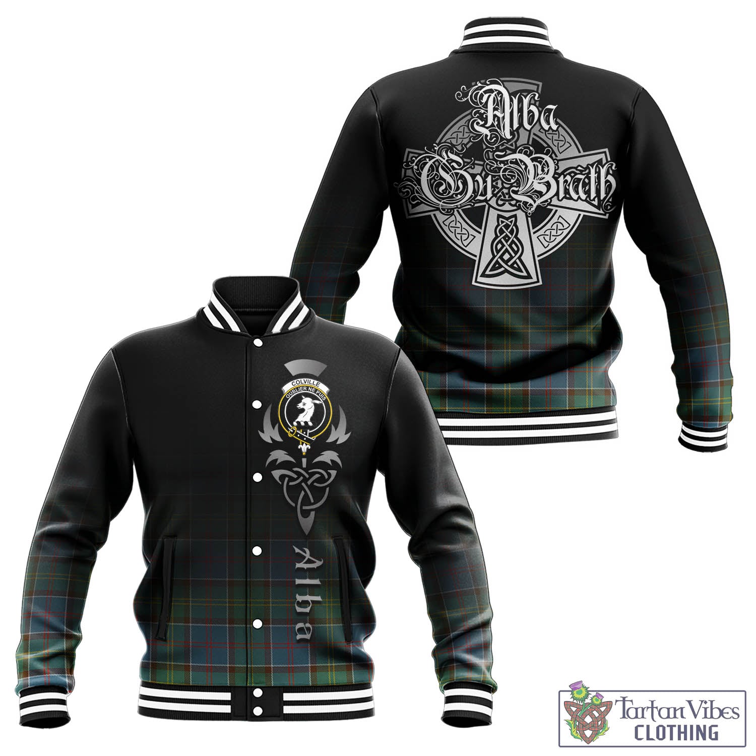 Tartan Vibes Clothing Colville Tartan Baseball Jacket Featuring Alba Gu Brath Family Crest Celtic Inspired