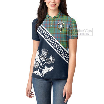 Colville Tartan Women's Polo Shirt Featuring Thistle and Scotland Map