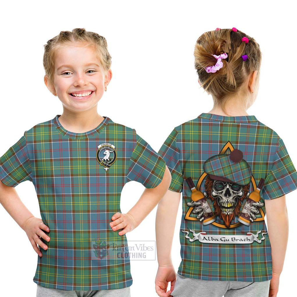 Tartan Vibes Clothing Colville Tartan Kid T-Shirt with Family Crest and Bearded Skull Holding Bottles of Whiskey