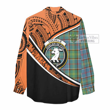 Colville Crest Tartan Women's Casual Shirt with Polynesian Vibes Style - Orange Version