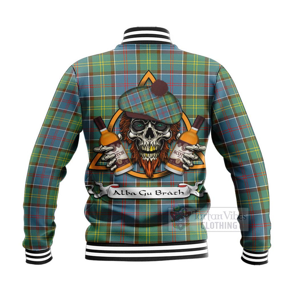 Tartan Vibes Clothing Colville Tartan Baseball Jacket with Family Crest and Bearded Skull Holding Bottles of Whiskey