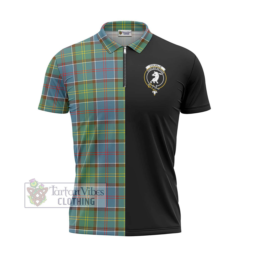 Colville Tartan Zipper Polo Shirt with Family Crest and Half Of Me Style - Tartanvibesclothing Shop