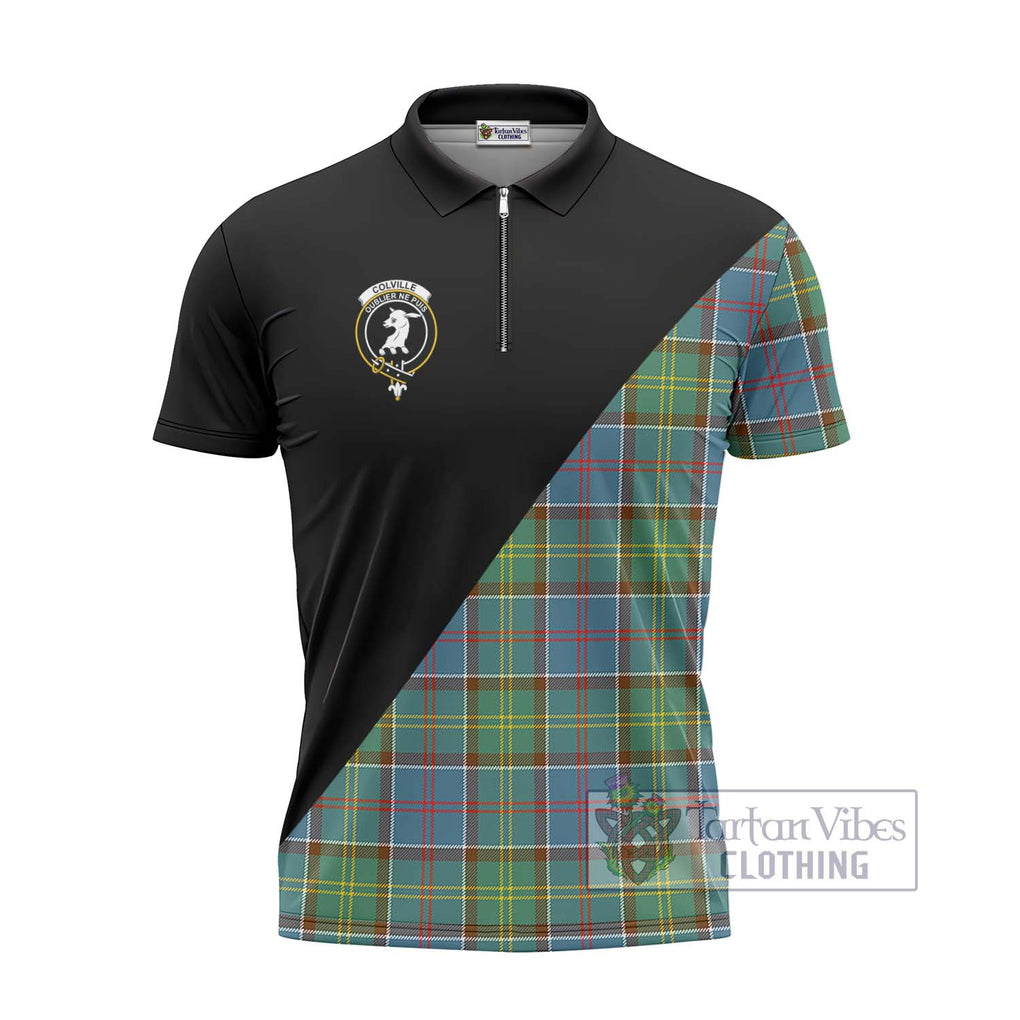 Colville Tartan Zipper Polo Shirt with Family Crest and Military Logo Style - Tartanvibesclothing Shop