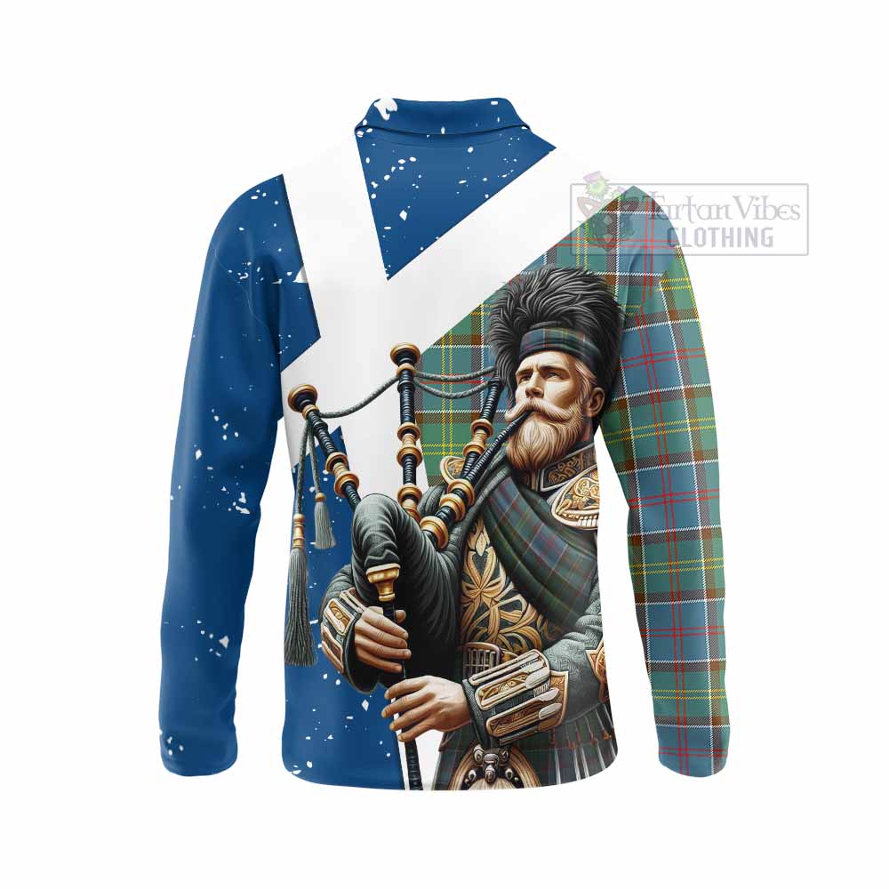 Tartan Vibes Clothing Colville Tartan Long Sleeve Polo Shirt with Family Crest Scottish Bagpiper Vibes