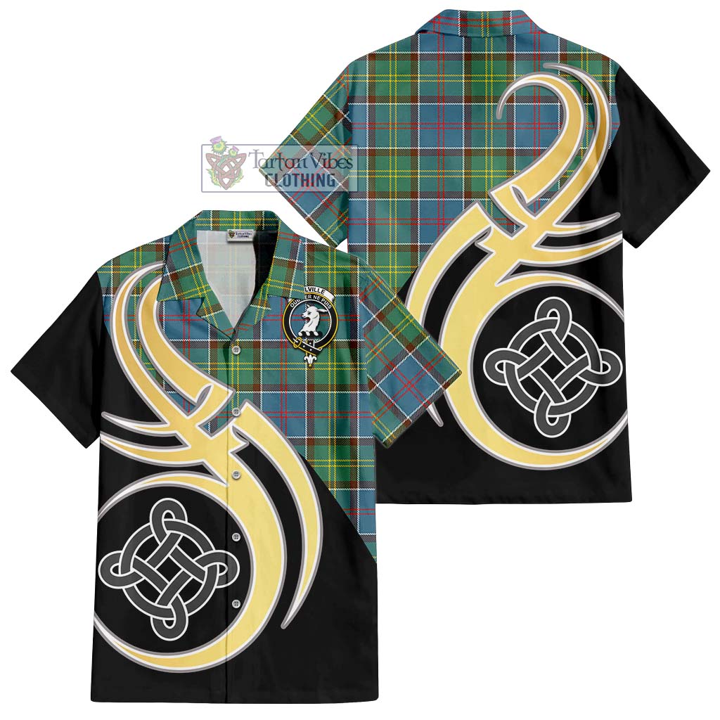 Colville Tartan Short Sleeve Button Shirt with Family Crest and Celtic Symbol Style - Tartan Vibes Clothing