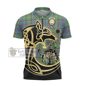 Colville Tartan Zipper Polo Shirt with Family Crest Celtic Wolf Style