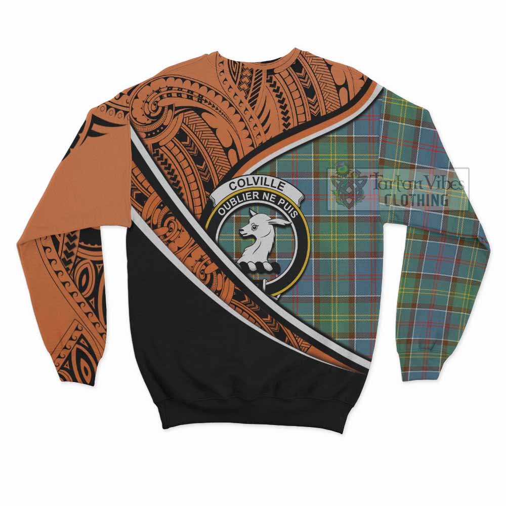 Tartan Vibes Clothing Colville Crest Tartan Sweatshirt with Maori Tattoo Style - Orange Version