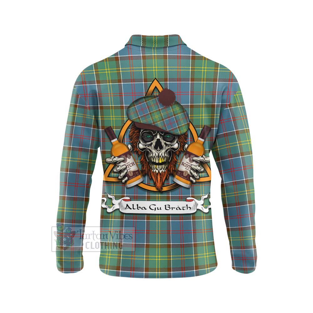 Tartan Vibes Clothing Colville Tartan Long Sleeve Polo Shirt with Family Crest and Bearded Skull Holding Bottles of Whiskey