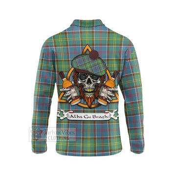 Colville Tartan Long Sleeve Polo Shirt with Family Crest and Bearded Skull Holding Bottles of Whiskey