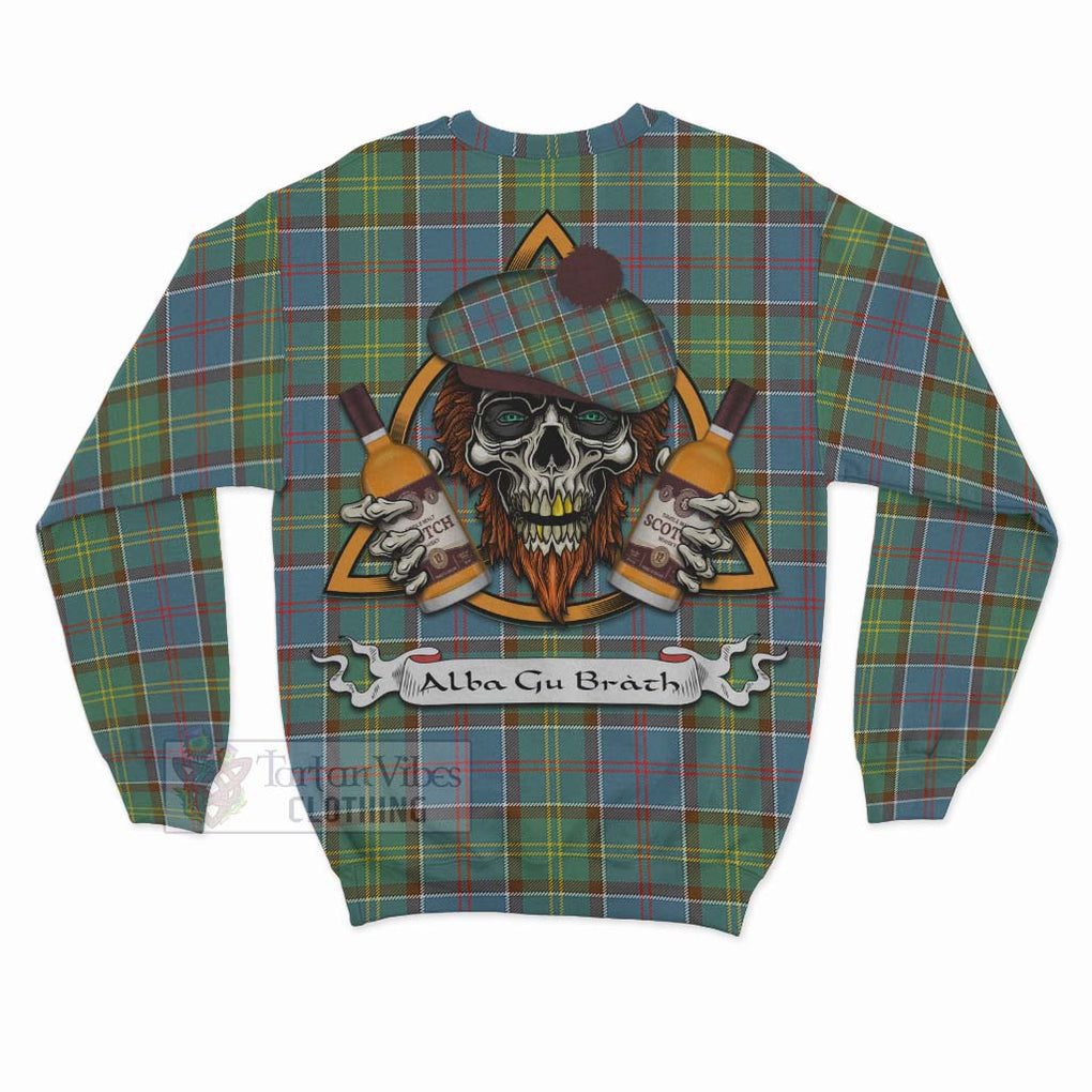 Tartan Vibes Clothing Colville Tartan Sweatshirt with Family Crest and Bearded Skull Holding Bottles of Whiskey