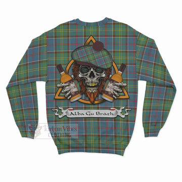 Colville Tartan Sweatshirt with Family Crest and Bearded Skull Holding Bottles of Whiskey