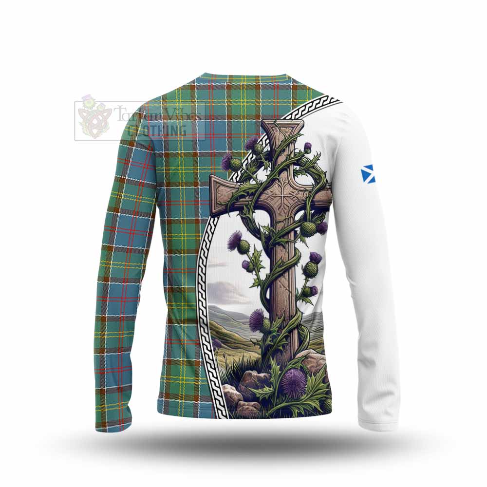 Tartan Vibes Clothing Colville Tartan Long Sleeve T-Shirt with Family Crest and St. Andrew's Cross Accented by Thistle Vines