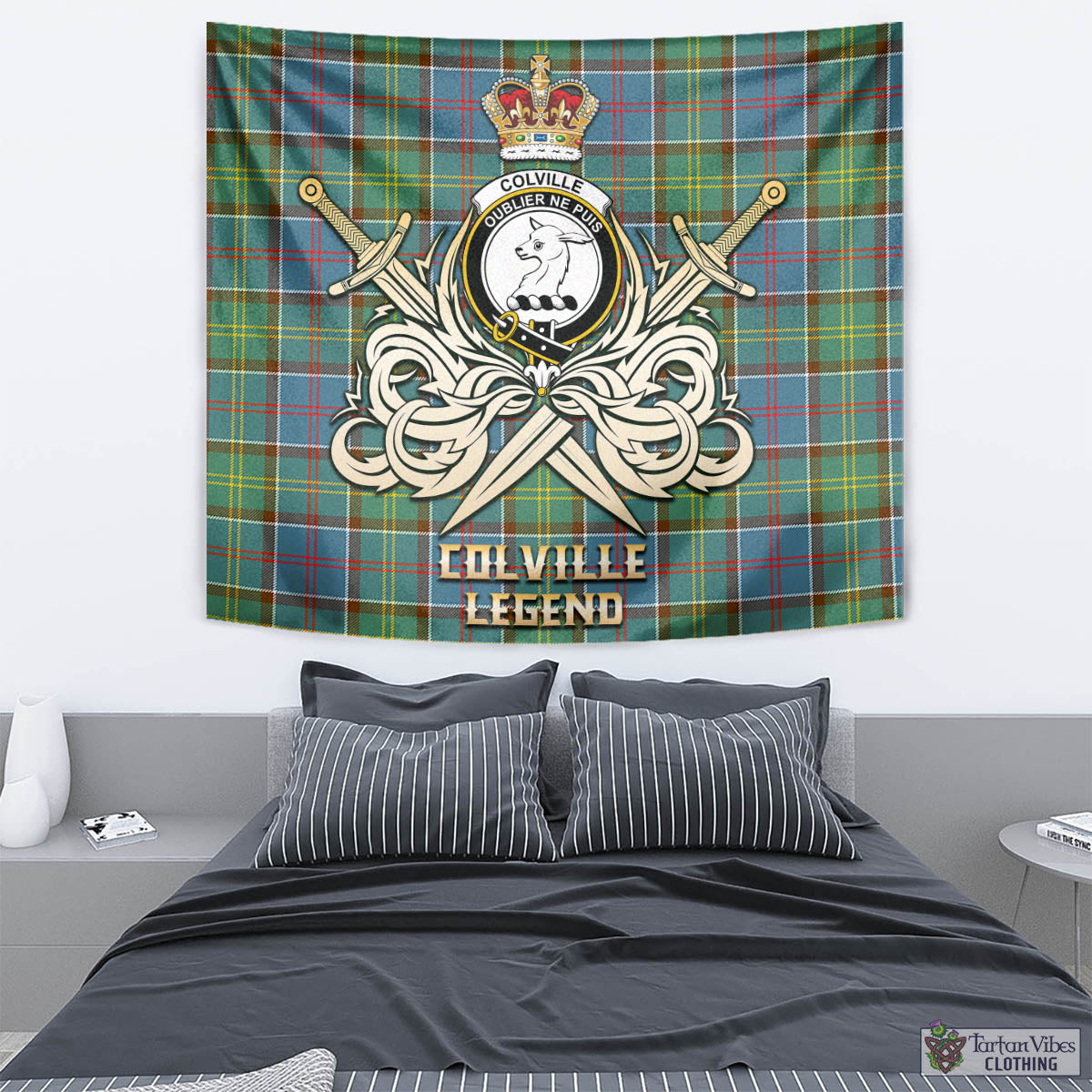 Tartan Vibes Clothing Colville Tartan Tapestry with Clan Crest and the Golden Sword of Courageous Legacy