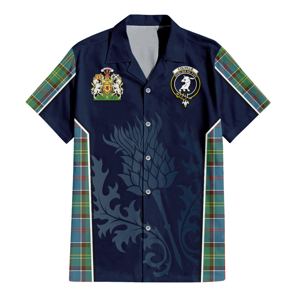 Tartan Vibes Clothing Colville Tartan Short Sleeve Button Up Shirt with Family Crest and Scottish Thistle Vibes Sport Style