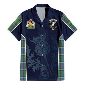 Colville Tartan Short Sleeve Button Up Shirt with Family Crest and Scottish Thistle Vibes Sport Style