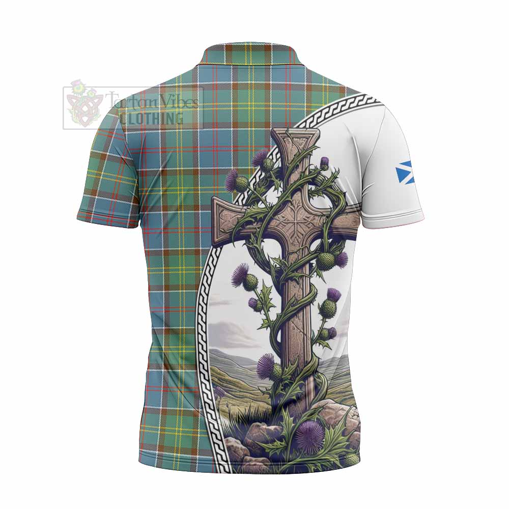 Tartan Vibes Clothing Colville Tartan Zipper Polo Shirt with Family Crest and St. Andrew's Cross Accented by Thistle Vines