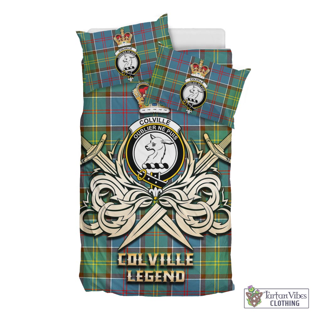 Tartan Vibes Clothing Colville Tartan Bedding Set with Clan Crest and the Golden Sword of Courageous Legacy