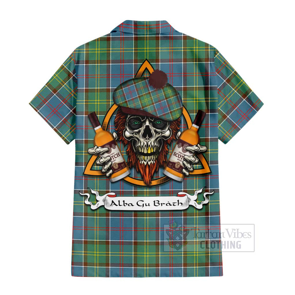 Tartan Vibes Clothing Colville Tartan Short Sleeve Button Shirt with Family Crest and Bearded Skull Holding Bottles of Whiskey