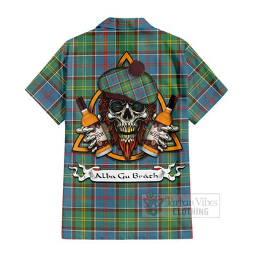 Colville Tartan Short Sleeve Button Shirt with Family Crest and Bearded Skull Holding Bottles of Whiskey