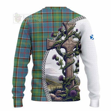 Colville Tartan Knitted Sweater with Family Crest and St. Andrew's Cross Accented by Thistle Vines