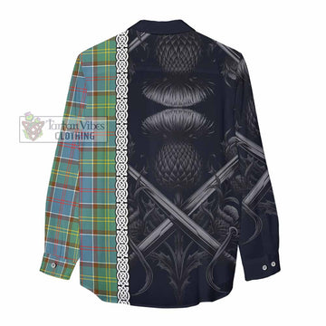 Colville Tartan Women's Casual Shirt with Family Crest Cross Sword Thistle Celtic Vibes