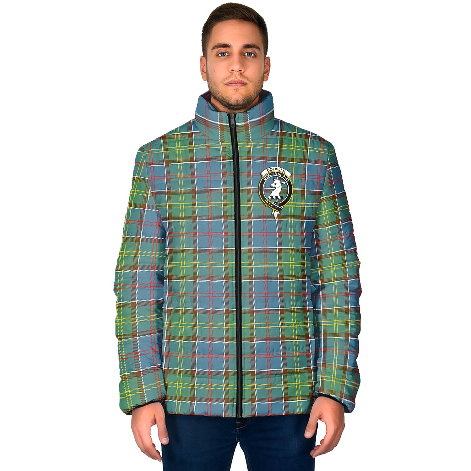 Colville Tartan Padded Jacket with Family Crest - Tartan Vibes Clothing