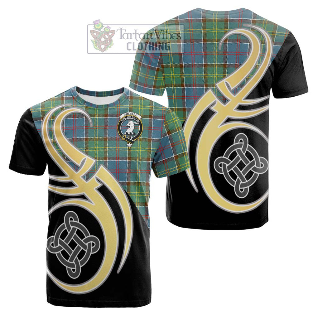 Tartan Vibes Clothing Colville Tartan Cotton T-shirt with Family Crest and Celtic Symbol Style