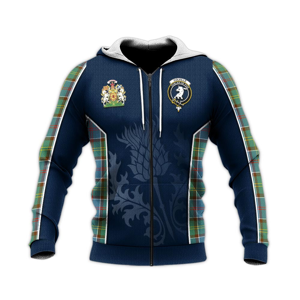 Tartan Vibes Clothing Colville Tartan Knitted Hoodie with Family Crest and Scottish Thistle Vibes Sport Style