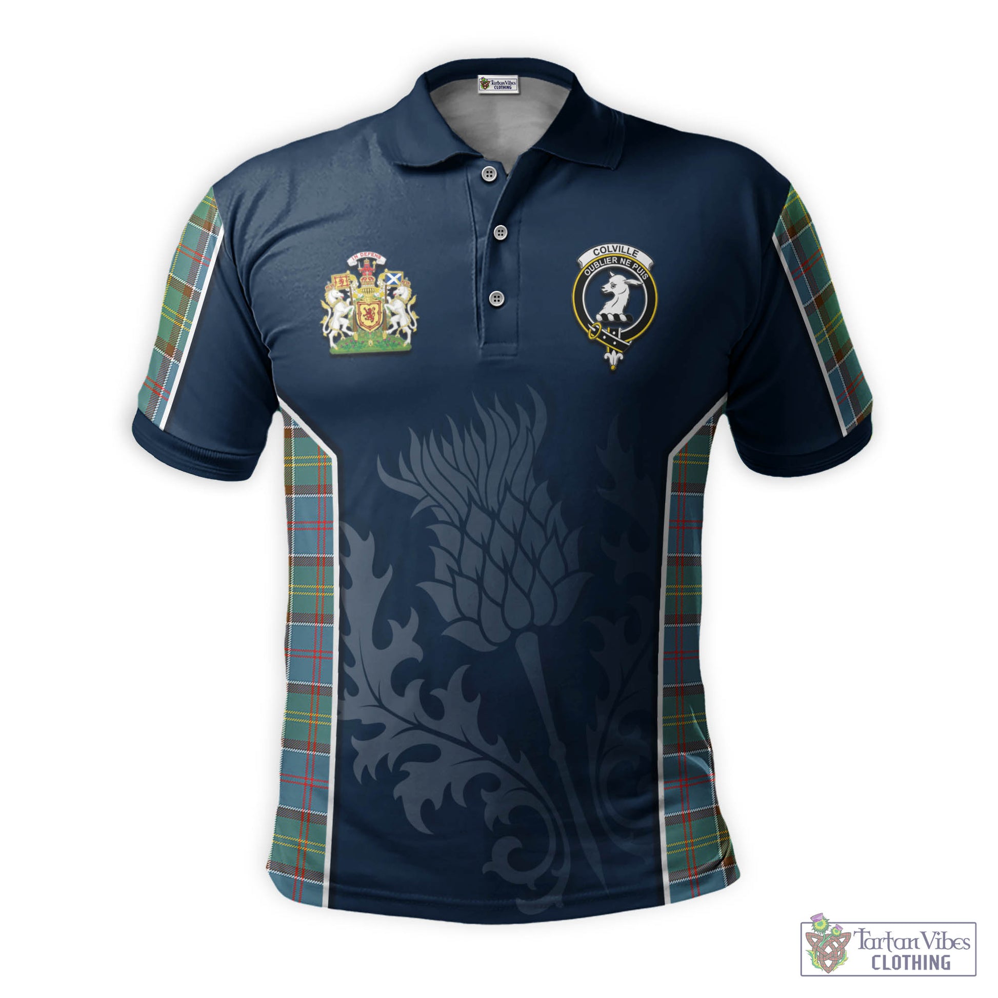 Tartan Vibes Clothing Colville Tartan Men's Polo Shirt with Family Crest and Scottish Thistle Vibes Sport Style