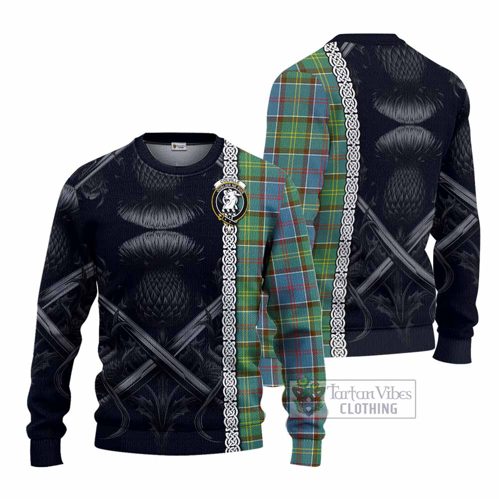 Tartan Vibes Clothing Colville Tartan Knitted Sweater with Family Crest Cross Sword Thistle Celtic Vibes