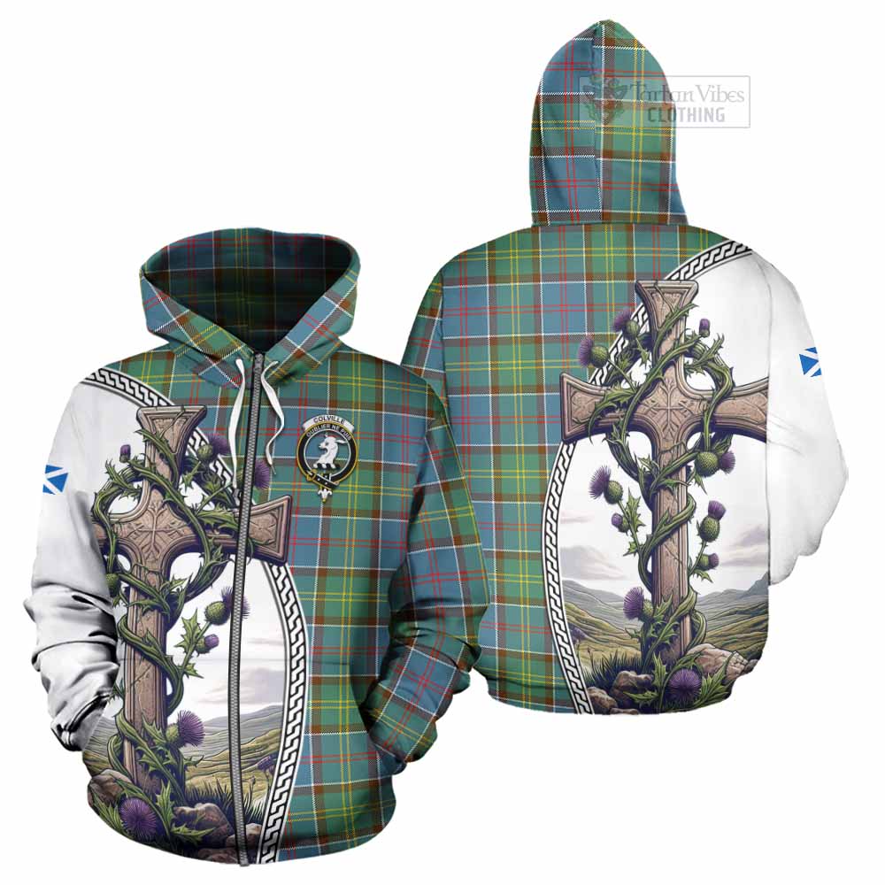 Tartan Vibes Clothing Colville Tartan Hoodie with Family Crest and St. Andrew's Cross Accented by Thistle Vines