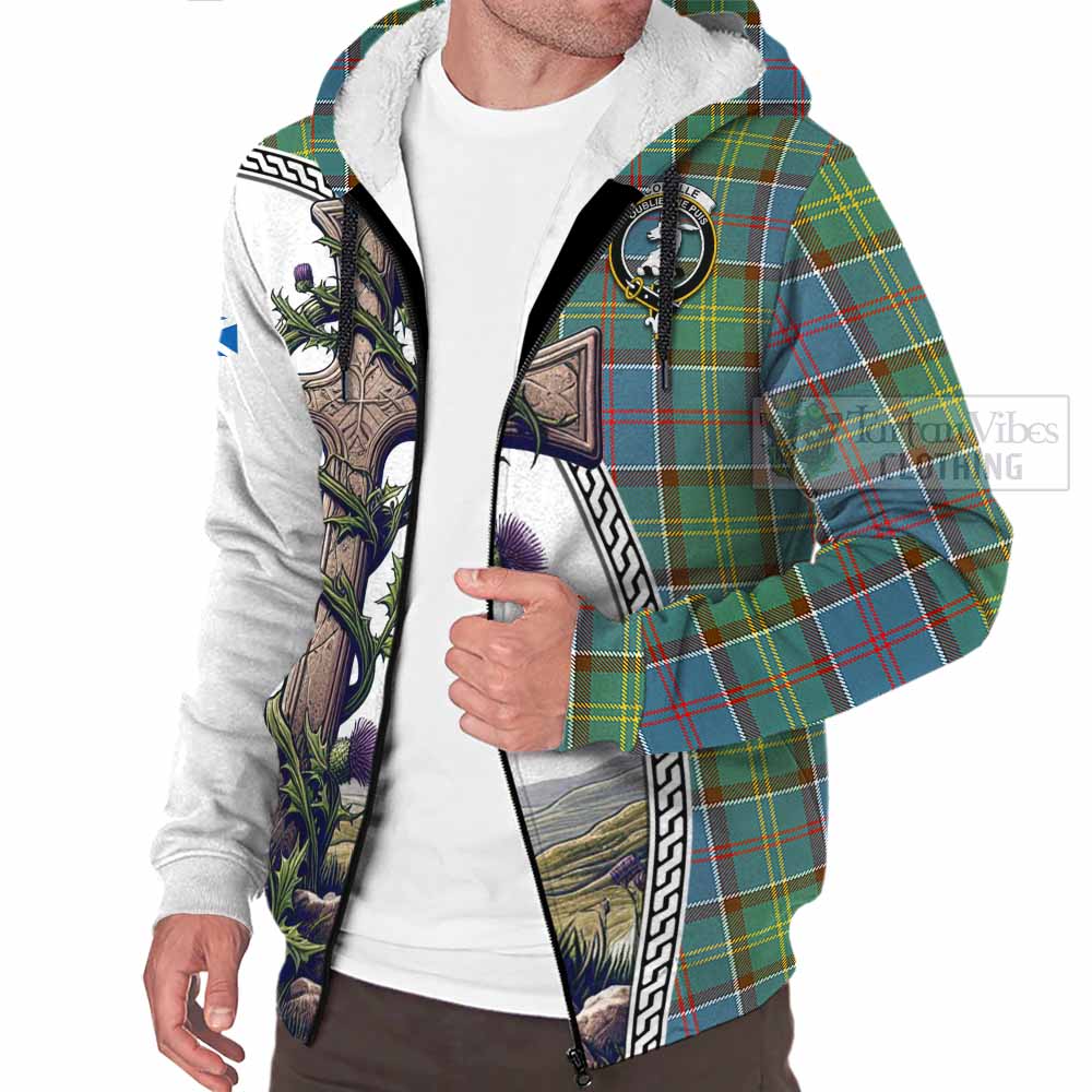 Tartan Vibes Clothing Colville Tartan Sherpa Hoodie with Family Crest and St. Andrew's Cross Accented by Thistle Vines