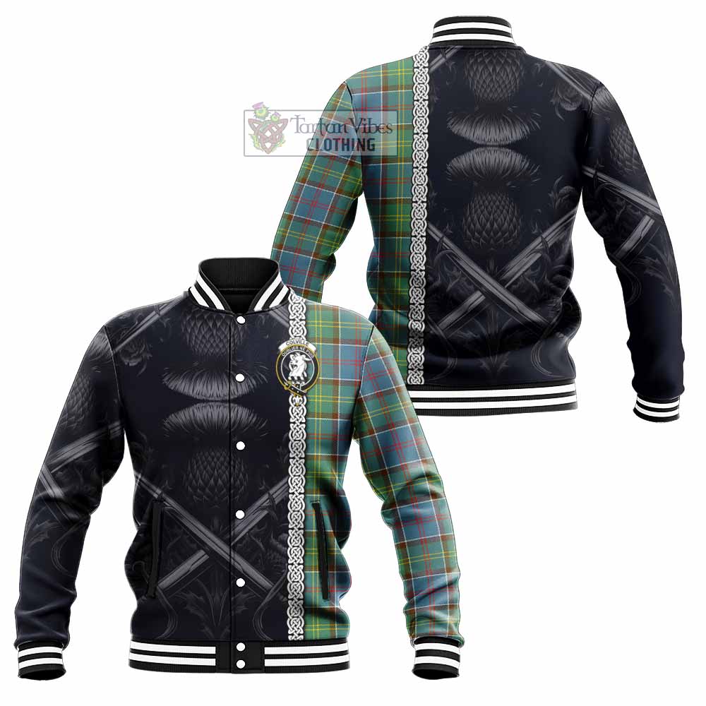 Tartan Vibes Clothing Colville Tartan Baseball Jacket with Family Crest Cross Sword Thistle Celtic Vibes