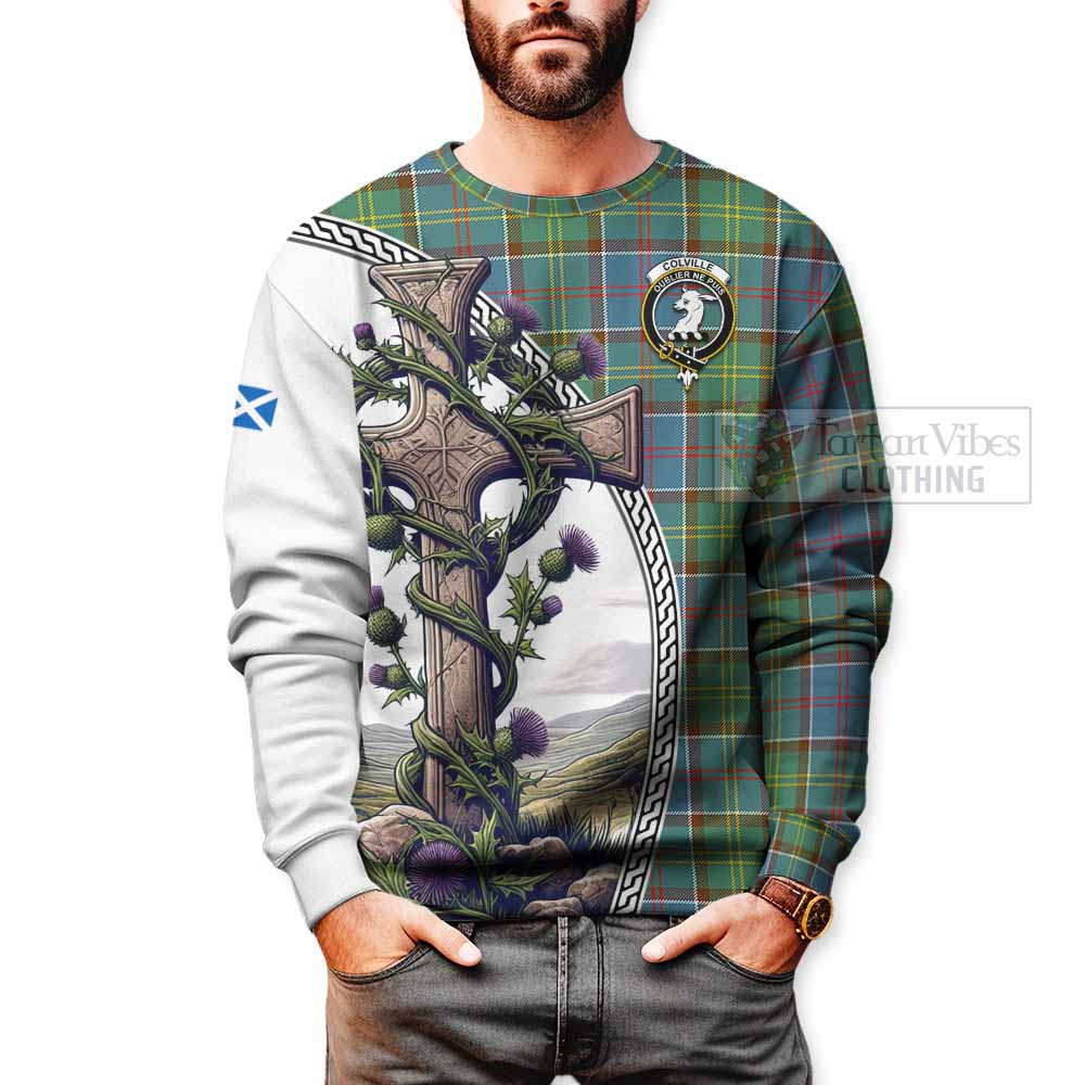 Tartan Vibes Clothing Colville Tartan Sweatshirt with Family Crest and St. Andrew's Cross Accented by Thistle Vines