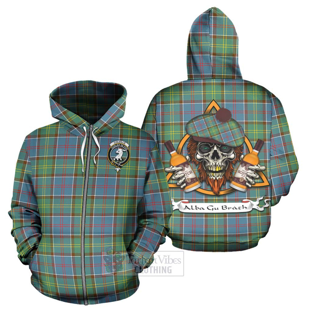 Tartan Vibes Clothing Colville Tartan Hoodie with Family Crest and Bearded Skull Holding Bottles of Whiskey