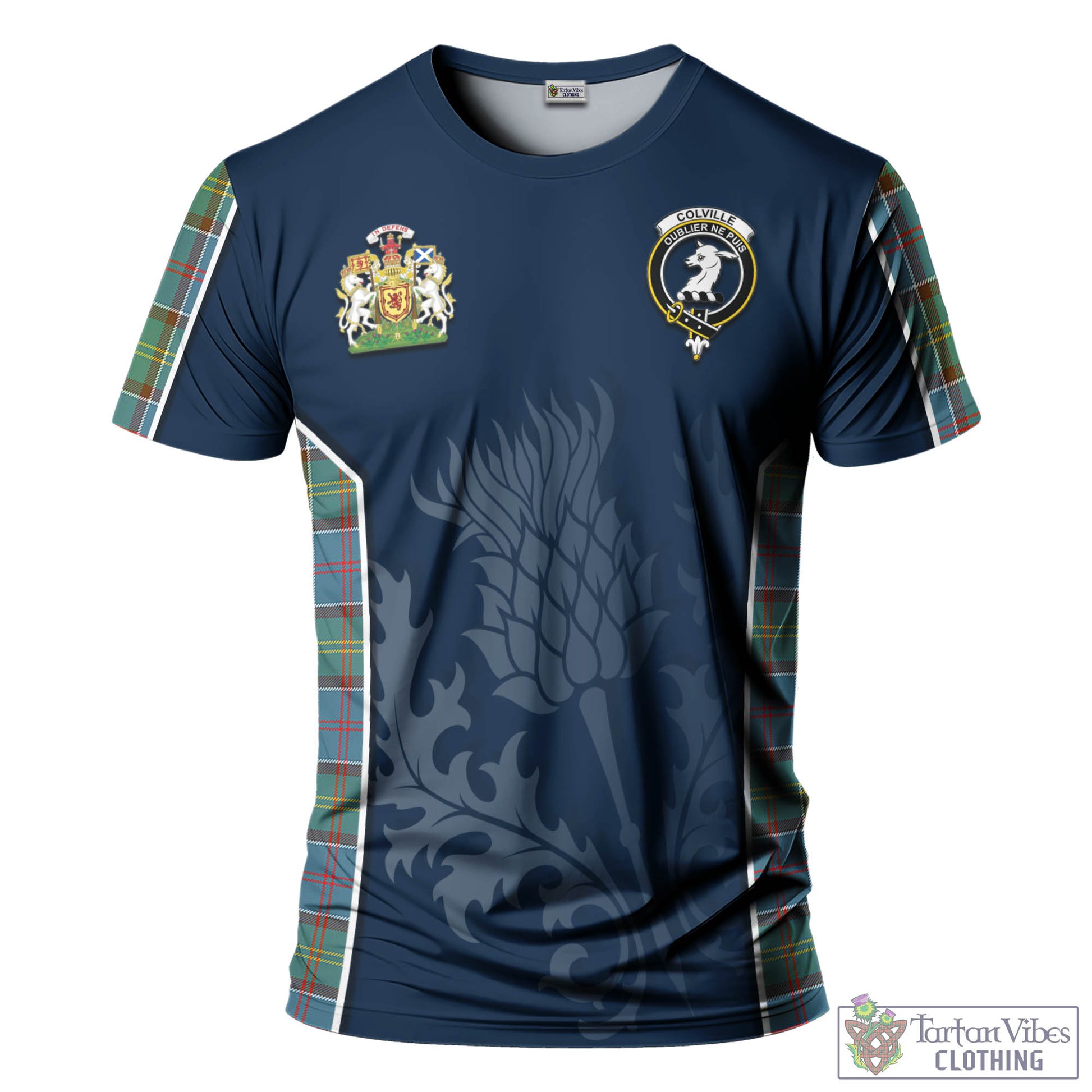 Tartan Vibes Clothing Colville Tartan T-Shirt with Family Crest and Scottish Thistle Vibes Sport Style