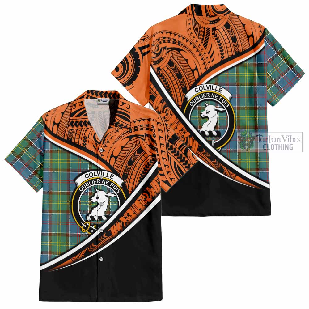 Tartan Vibes Clothing Colville Crest Tartan Short Sleeve Button Shirt with Maori Tattoo Style - Orange Version