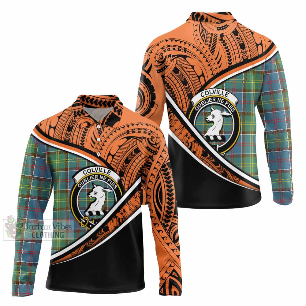 Tartan Vibes Clothing Colville Crest Tartan Long Sleeve Polo Shirt with Maori Tattoo Style - Orange Version