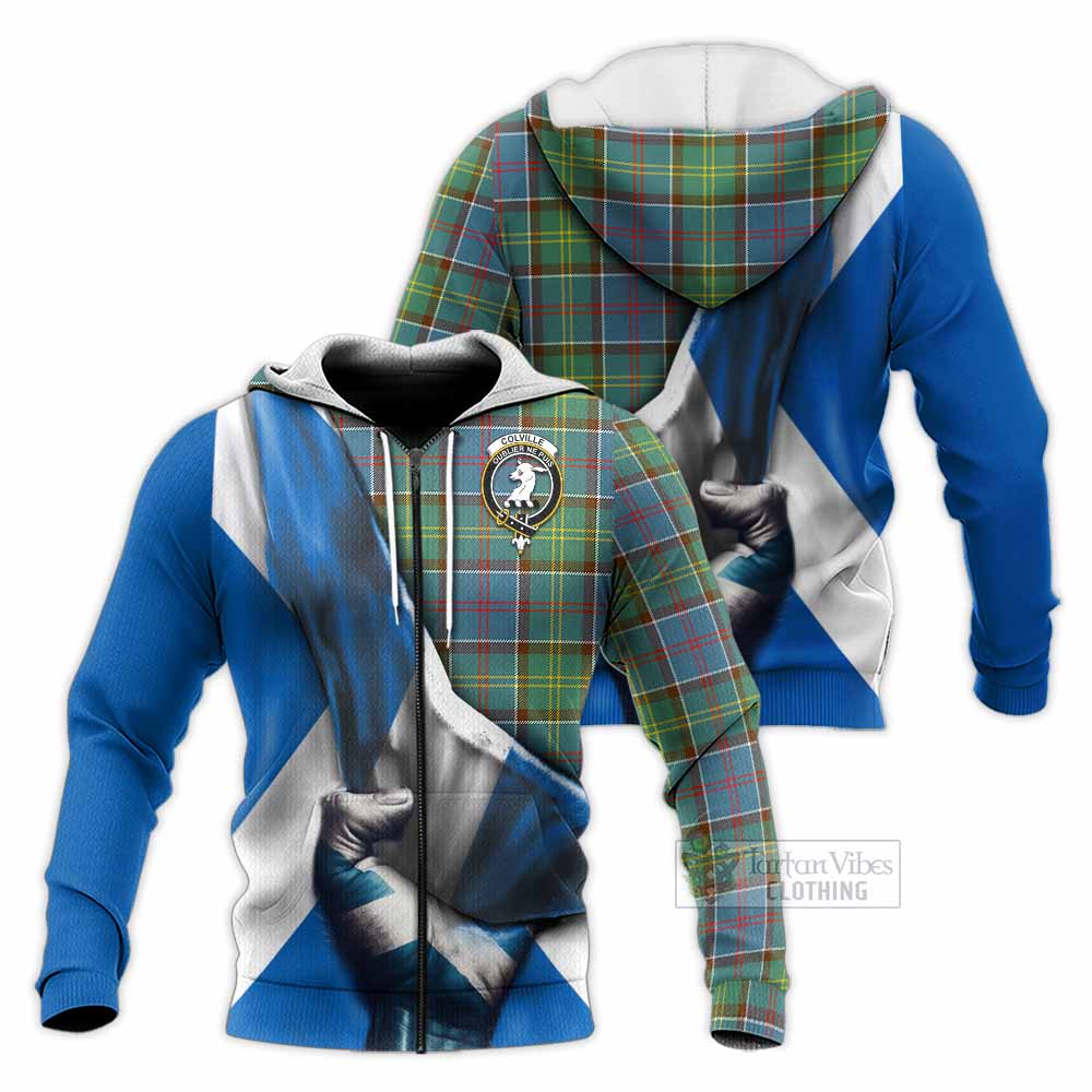 Tartan Vibes Clothing Colville Tartan Knitted Hoodie with Family Crest Scotland Patriotic Style