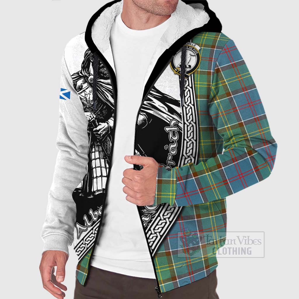 Tartan Vibes Clothing Colville Tartan Clan Crest Sherpa Hoodie with Highlander Warrior Celtic Style