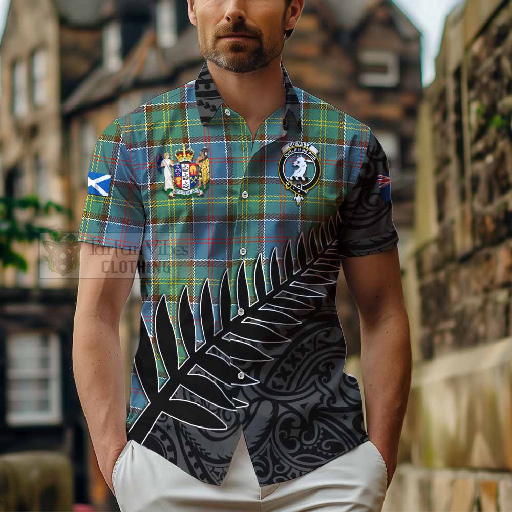 Tartan Vibes Clothing Colville Crest Tartan Short Sleeve Button Shirt with New Zealand Silver Fern Half Style