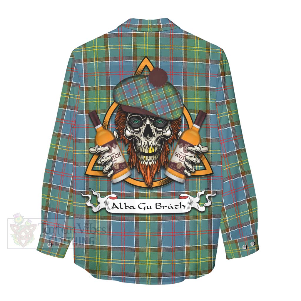 Tartan Vibes Clothing Colville Tartan Women's Casual Shirt with Family Crest and Bearded Skull Holding Bottles of Whiskey