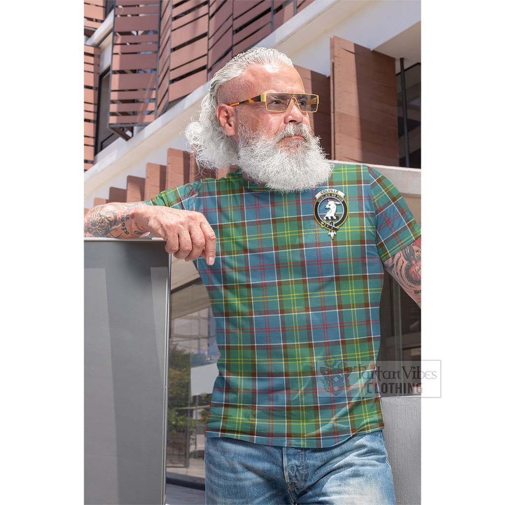 Tartan Vibes Clothing Colville Tartan Cotton T-shirt with Family Crest and Bearded Skull Holding Bottles of Whiskey