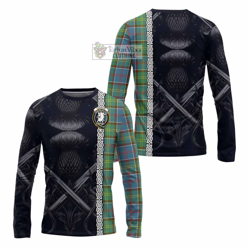 Tartan Vibes Clothing Colville Tartan Long Sleeve T-Shirt with Family Crest Cross Sword Thistle Celtic Vibes