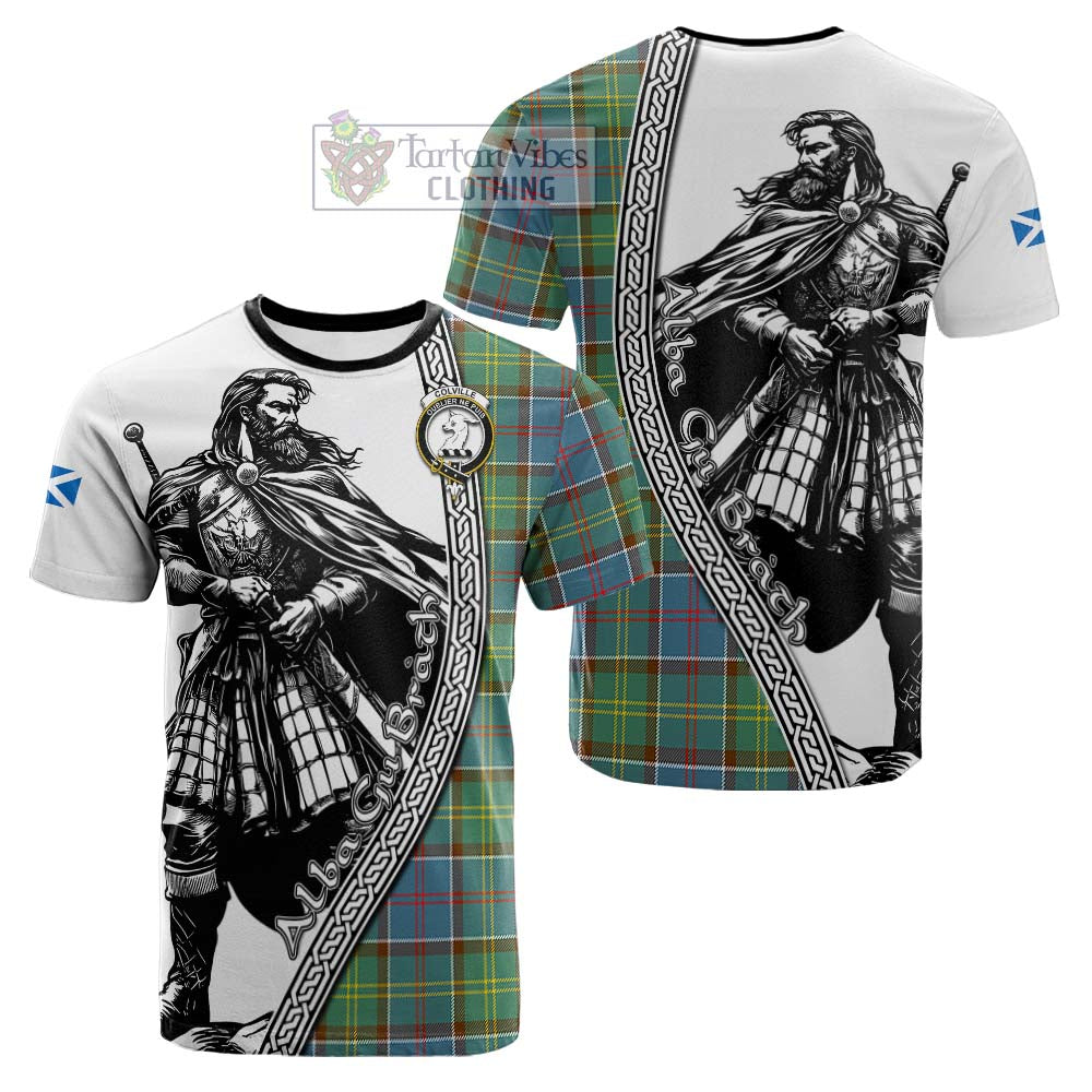 Colville Tartan Clan Crest Cotton T-shirt with Highlander Warrior Celtic Style