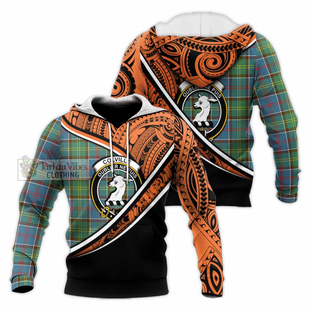 Tartan Vibes Clothing Colville Crest Tartan Knitted Hoodie with Maori Tattoo Style - Orange Version