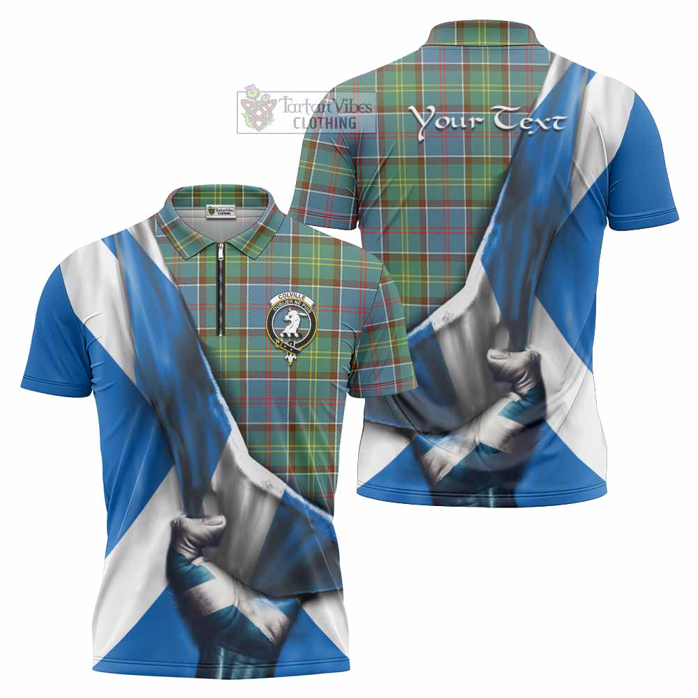 Tartan Vibes Clothing Colville Tartan Zipper Polo Shirt with Family Crest Scotland Patriotic Style